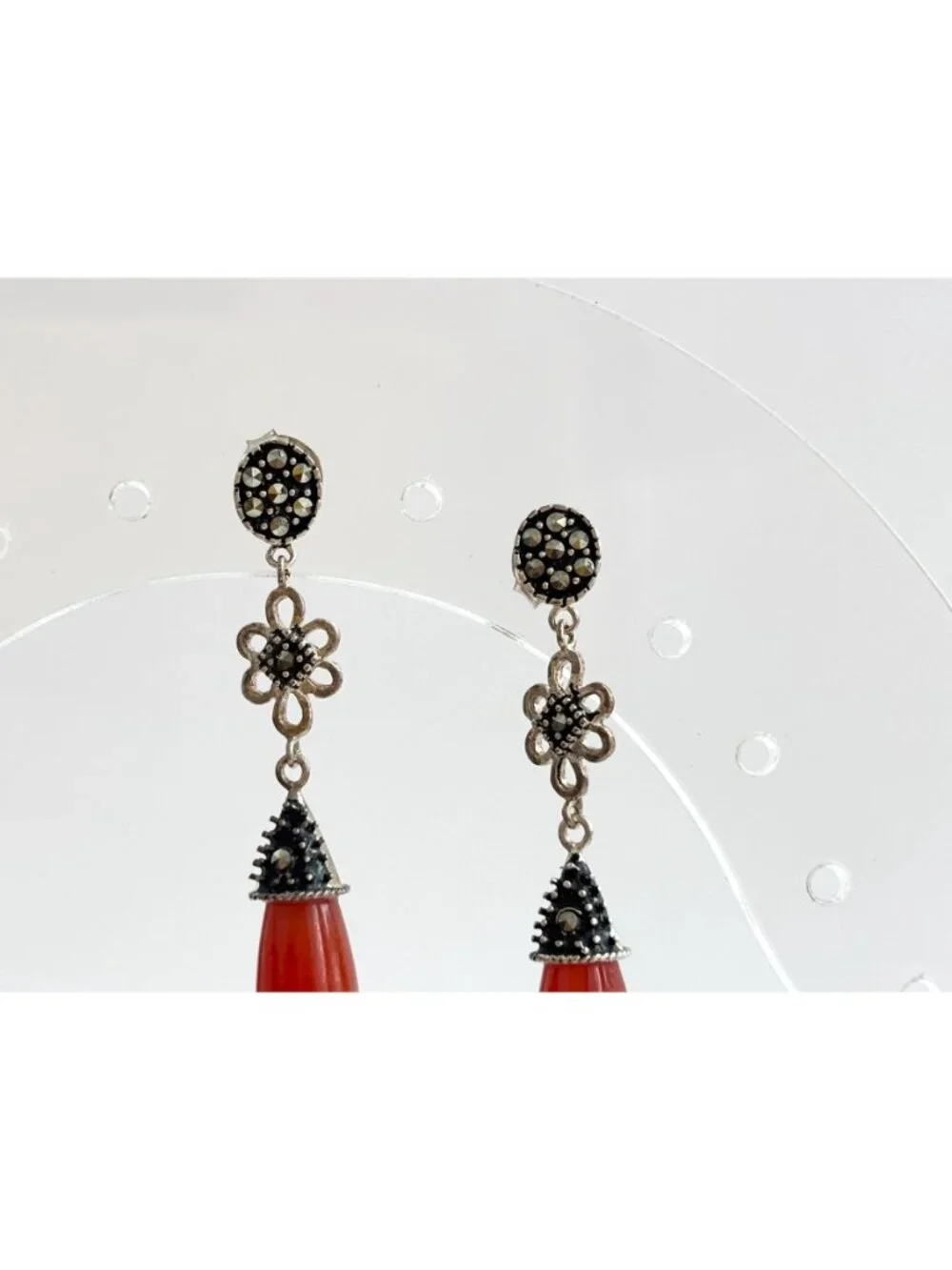 Art Deco Red Coral & Marcasite Floral Teardrop Vintage Sterling Silver Earrings